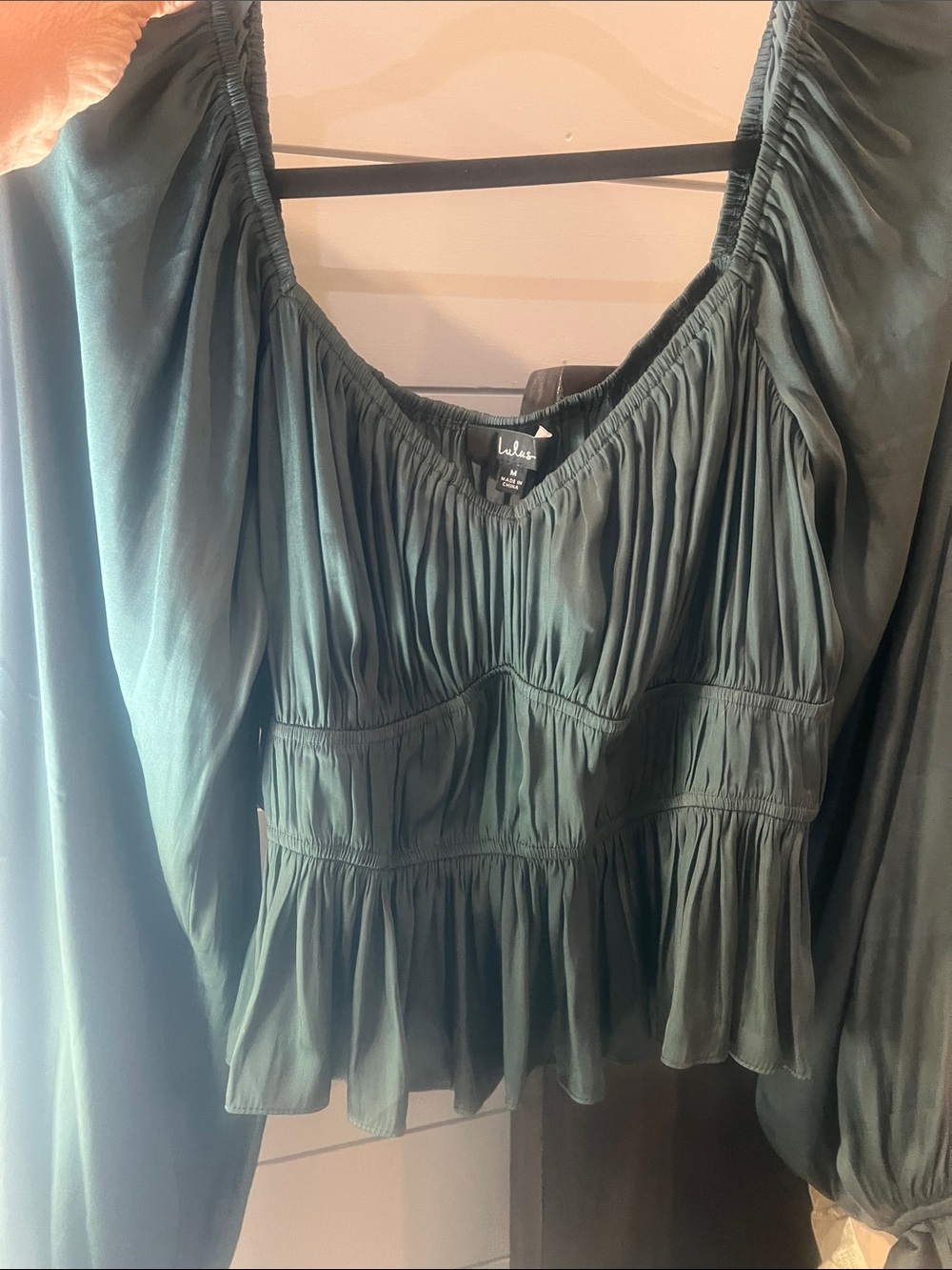 Lulus brand beautiful 
Dark Green Ruffled Peasant Top size medium